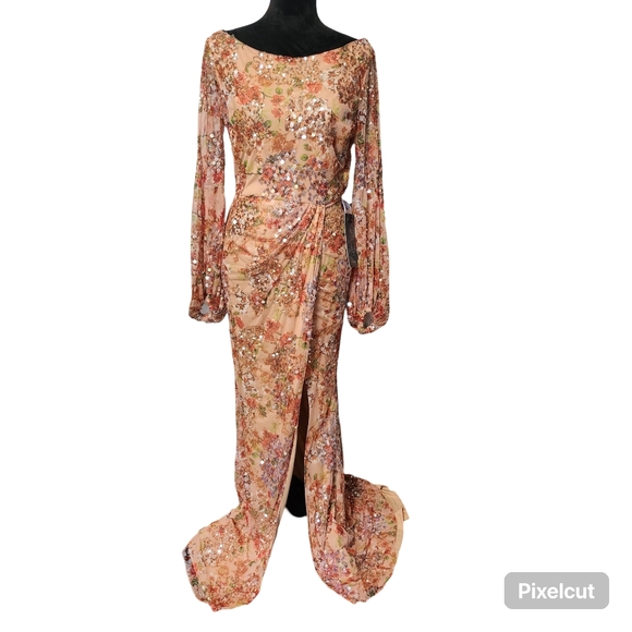 NWT Mac Duggal Floral Print Sequined Puff Sleeve Gown Size 6 Apricot - Picture 3 of 16